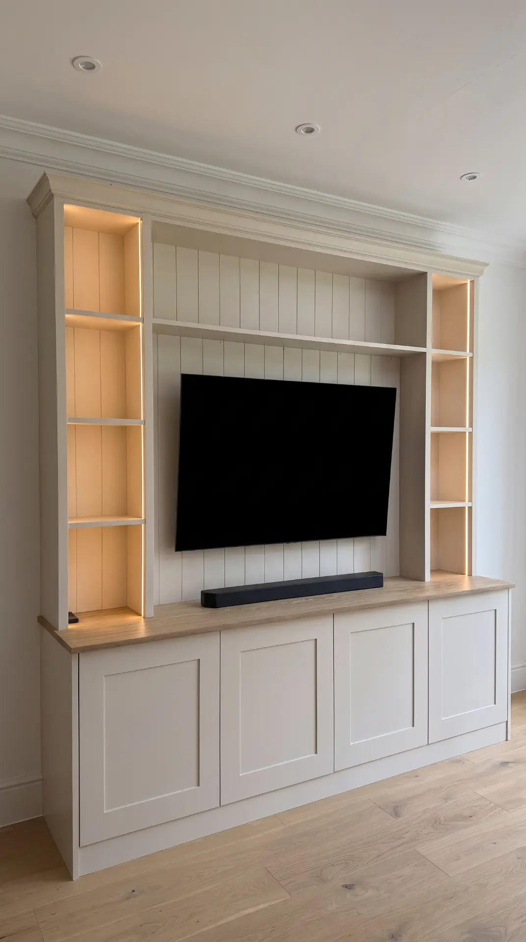 Fitted TV unit in painted shaker cabinetry with lit alcoves and oak worktop